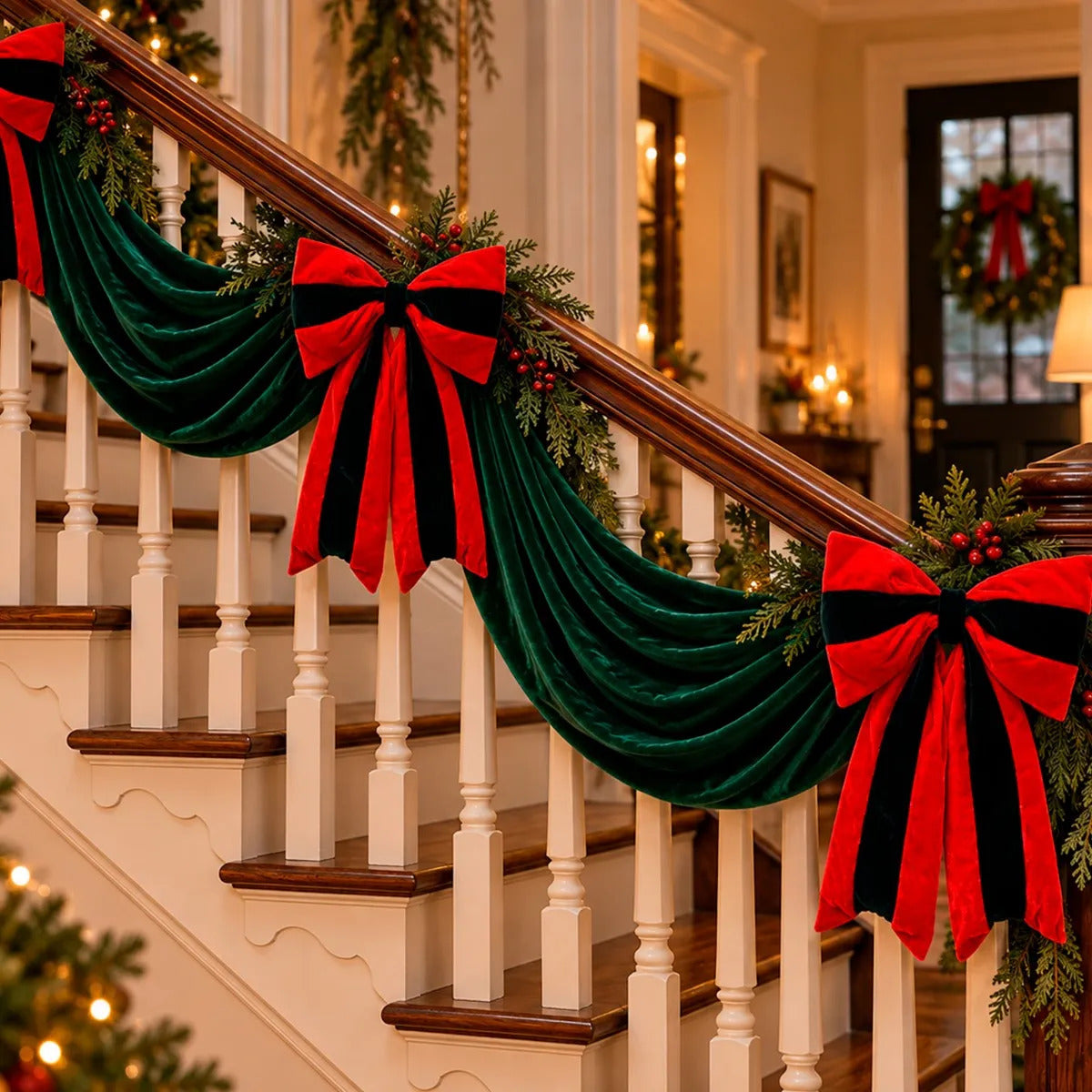 Moño Navideño Lluvia Light Rojo Verde Aterciopelado 50 Cm