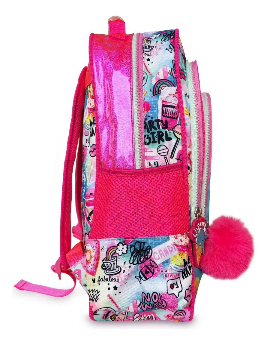 Mochila Escolar Lluvia Rosa Fucsia Llama Turquesa Brillante