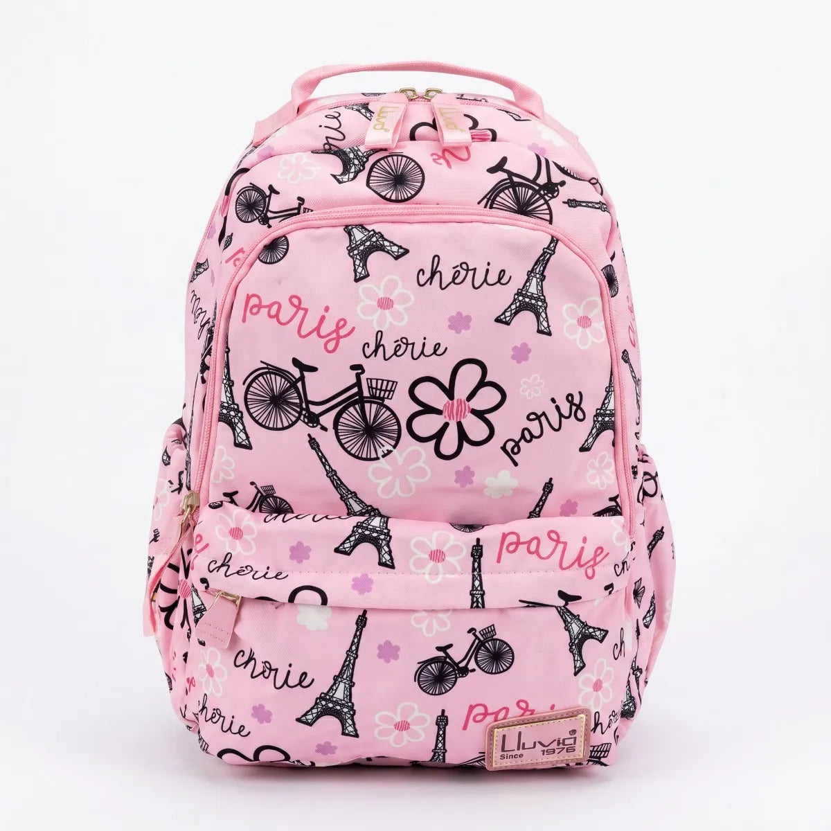 Mochila Escolar Lluvia Rosa Diseño Torre Eiffel Y Bicicletas