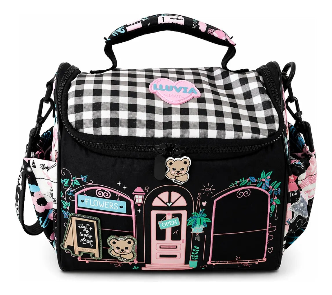 Lonchera Juvenil Lluvia Diseño Floral Negro Interactivo