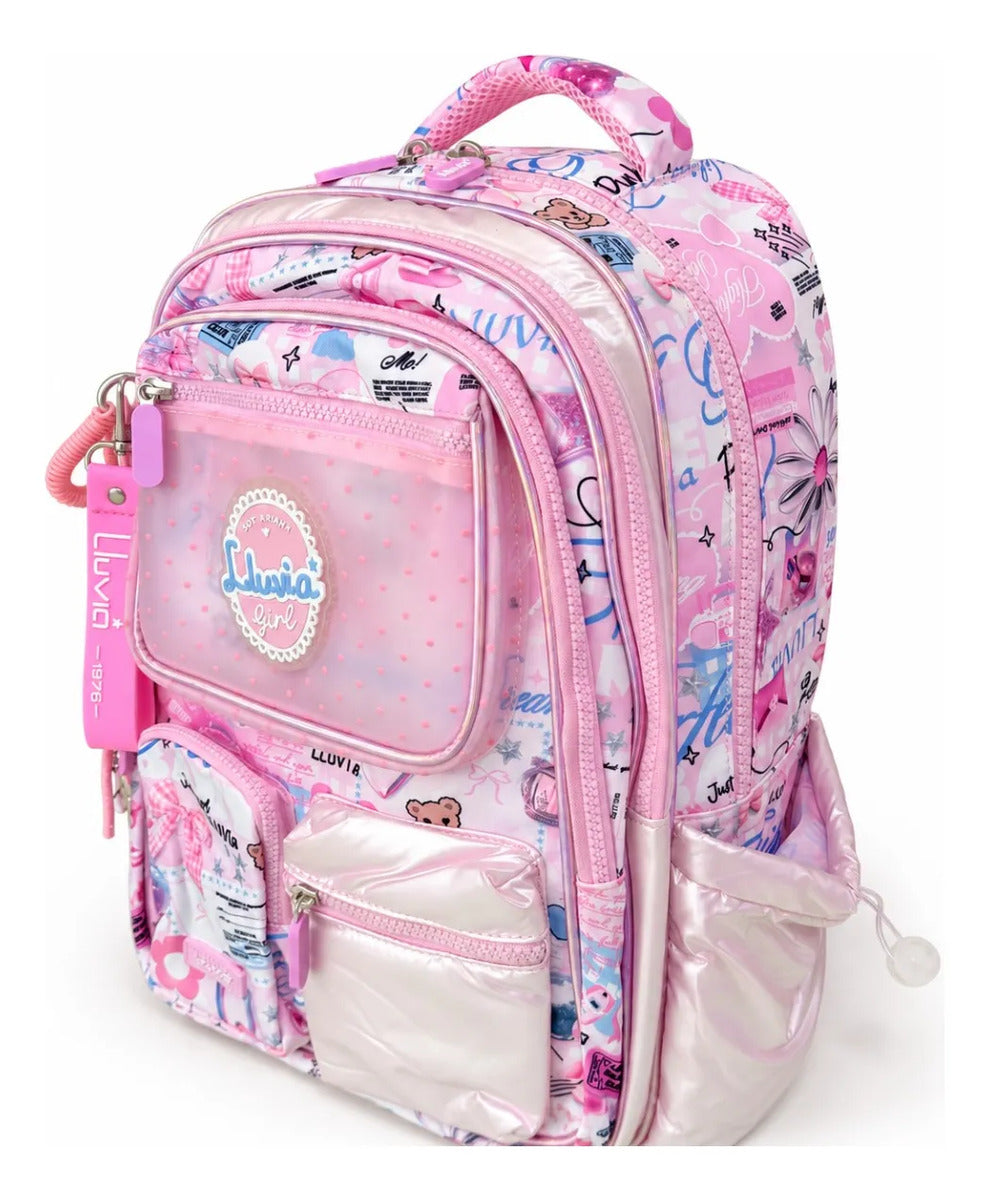 Mochila Escolar Lluvia Rosa Con Blanco Diseño Urban Girl