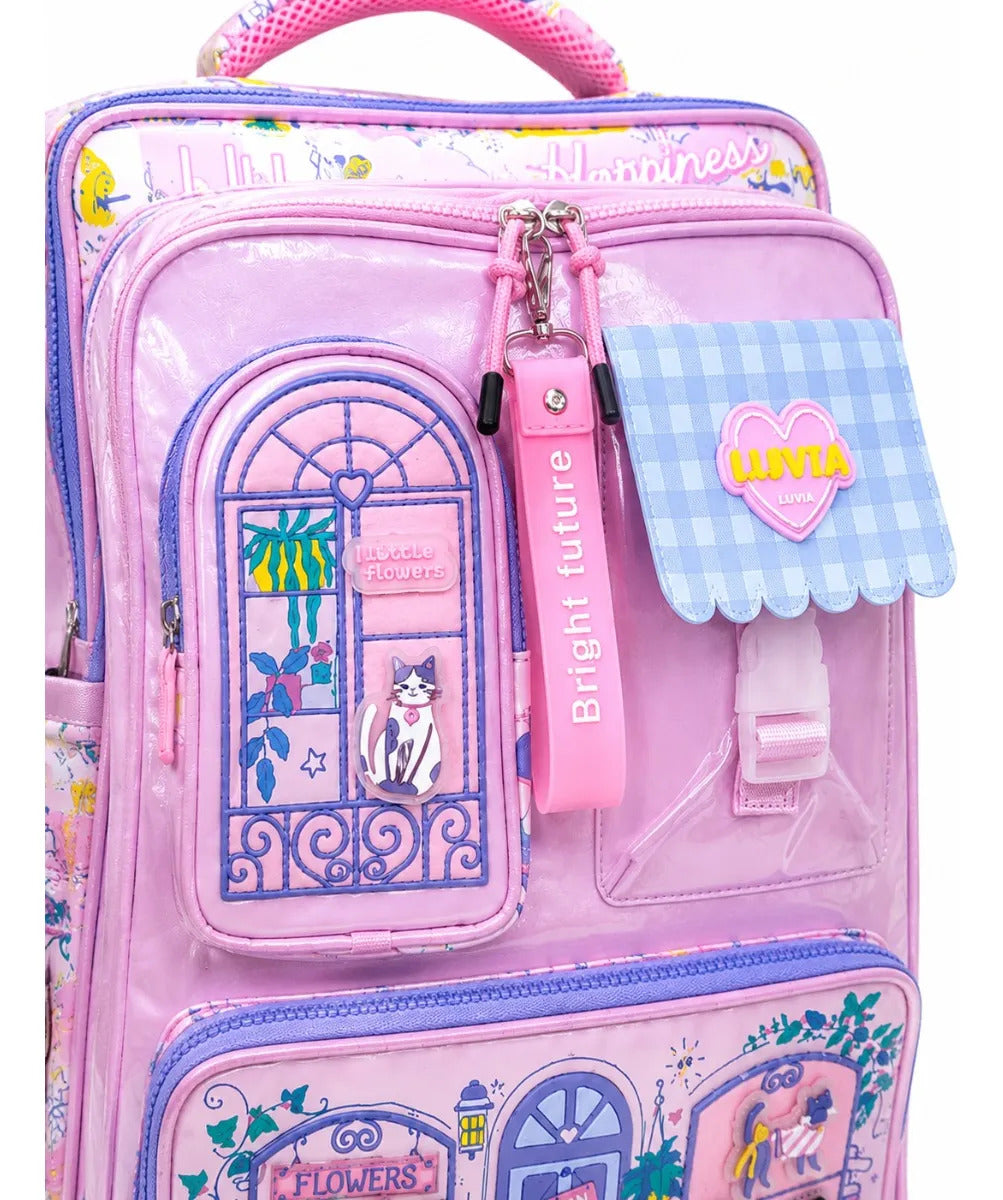 Mochila Escolar Lluvia Rosa Personalizable Con Gatito