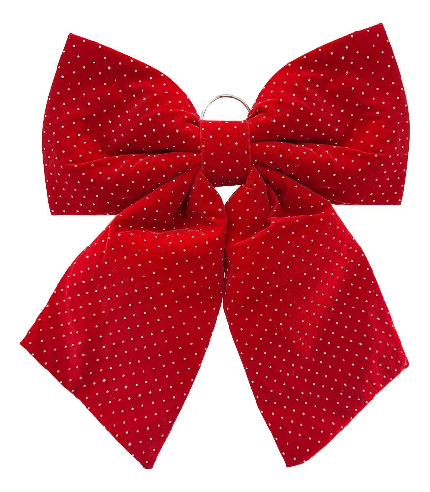 Moño Navideño Rojo Con Piedritas Plata Brillantes 40 Cm