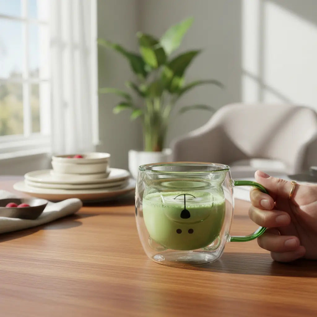 Taza De Vidrio Con Diseño De Osito Verde Doble Pared 280 Ml