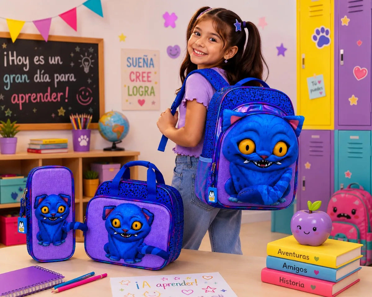 Set Mochila Tres Piezas Gato 3d Guerreras K-pop Con Luz Led