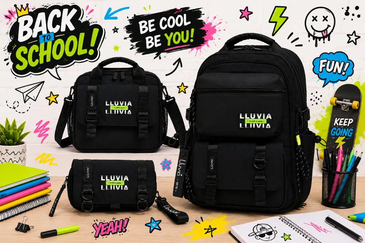 Set De Mochila Lluvia Negra Estilo Urbano Tres Piezas