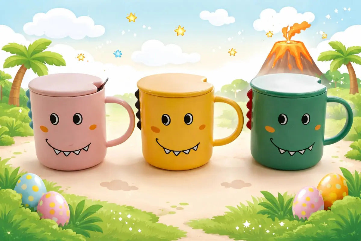 Taza Kawaii Dinosaurio Colores Rosa Verde Y Amarillo 350 Ml