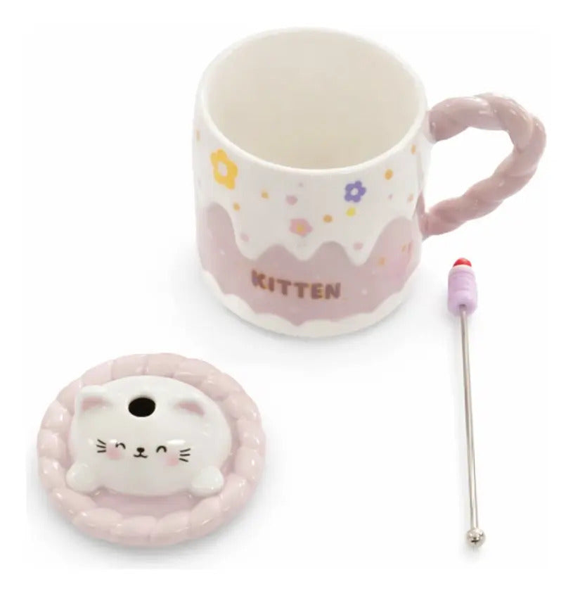 Taza Kitten Y Bunny De Cerámica Con Tapa Y Aguitador 400 Ml