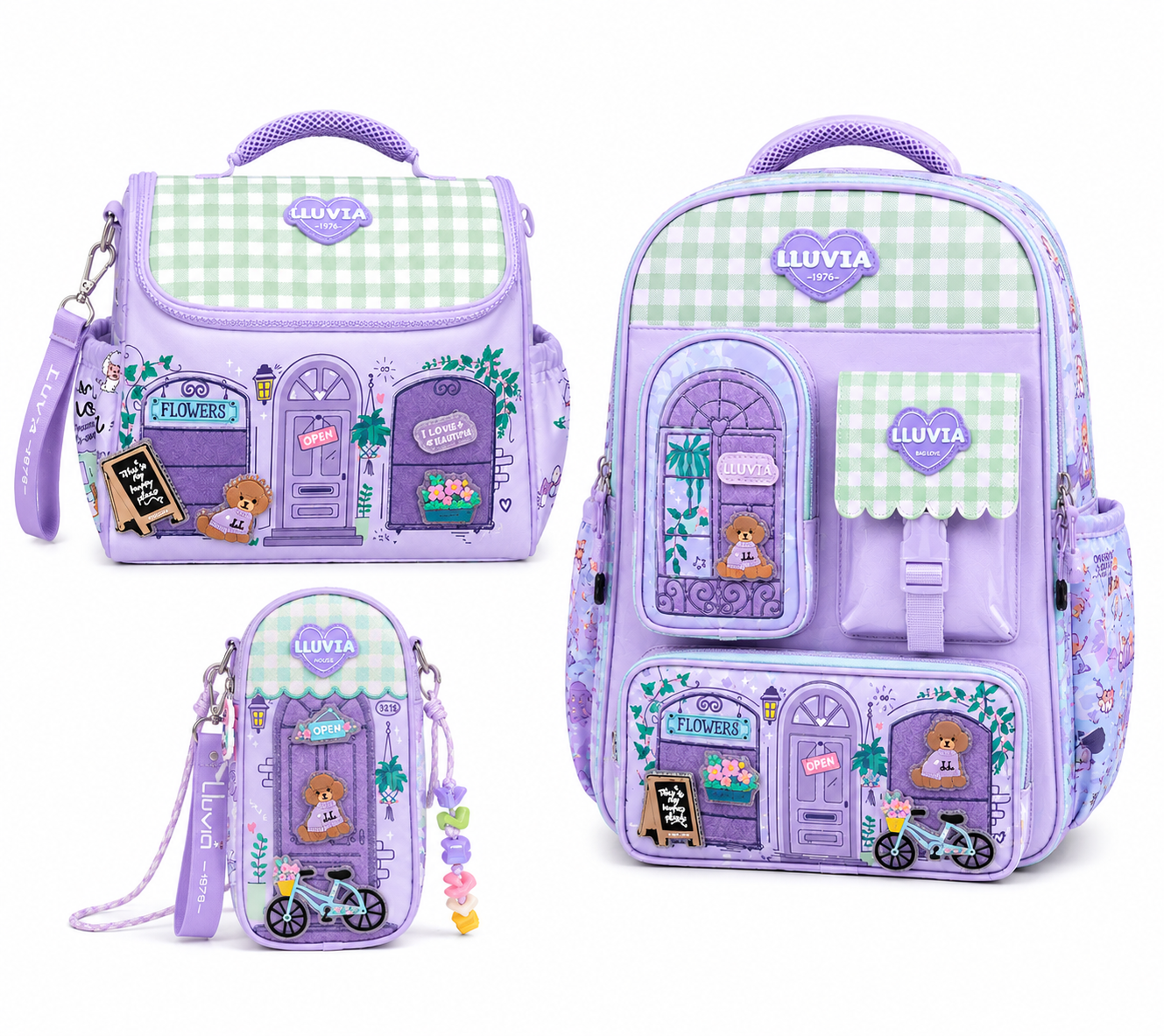 Set Escolar Tres Piezas Lluvia Diseño Florería Lila Satinado