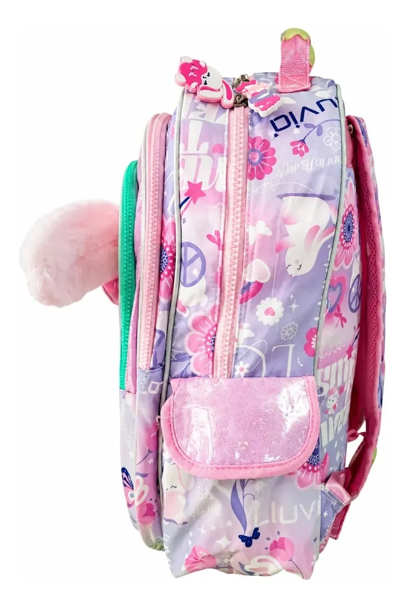 Mochila Escolar Lluvia Conejita Tierna Y Llavero Decorativo