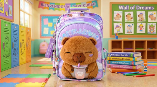 Mochila Escolar Lluvia Capibara Lila Con Bolsillos Laterales