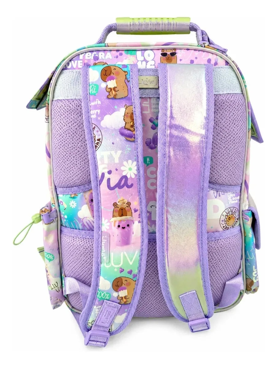 Mochila Escolar Lluvia Capibara Lila Con Bolsillos Laterales