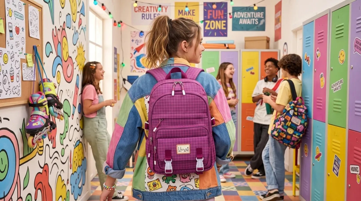 Mochila Escolar Juvenil Lluvia Magenta Diseño Cuadros