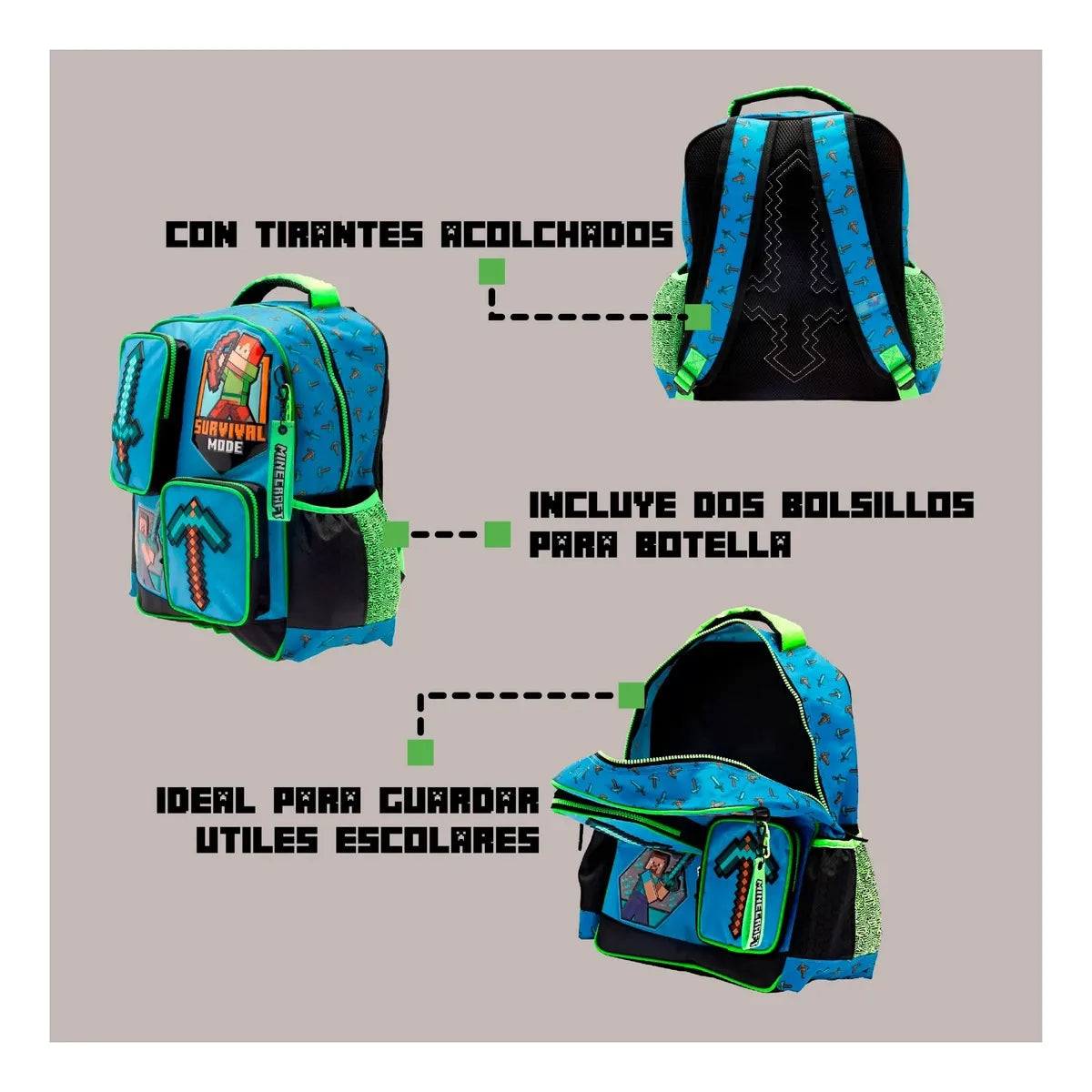 Mochila Primaria Infantil Ruz Microsoft Minecraft Steve 20L Azul Liso Tirantes Acolchados