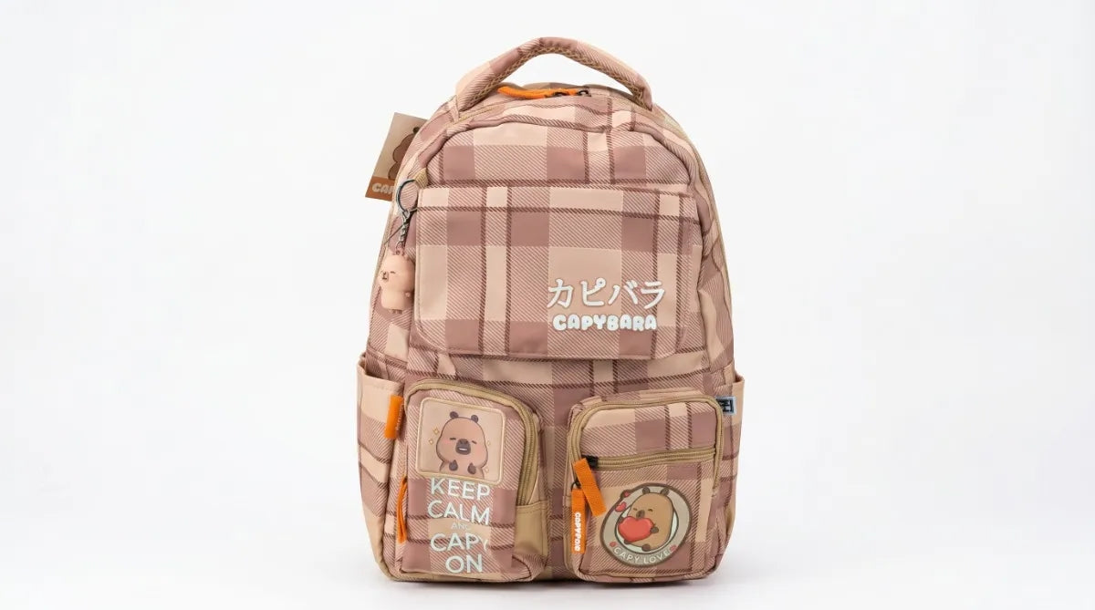 Mochila Escolar Fotorama Capybara Beige Con 4 Bolsillos