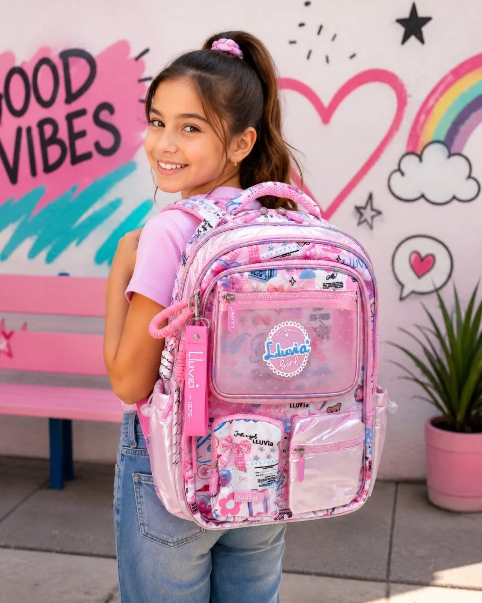 Mochila Escolar Lluvia Rosa Con Blanco Diseño Urban Girl