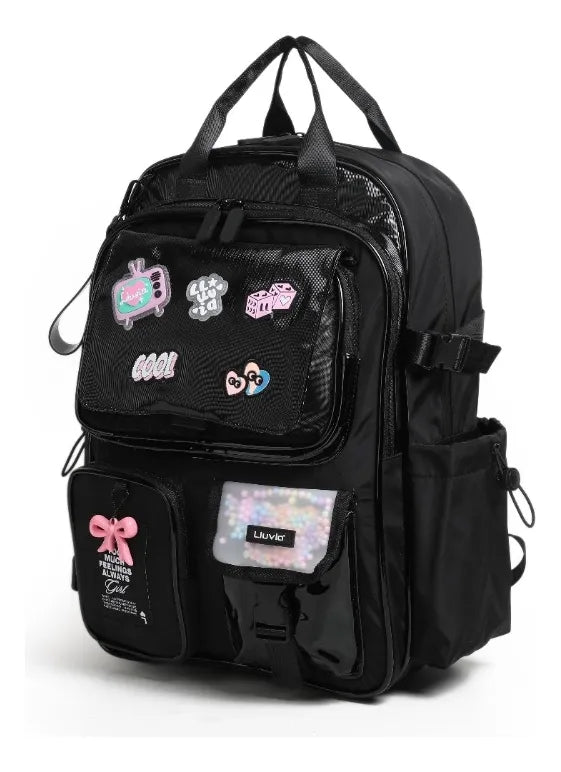 Mochila Lluvia Juvenil Negra Satinado Estilo Kawaii Urbana