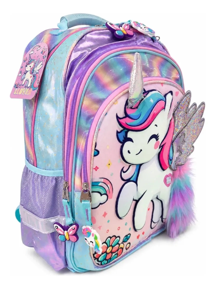 Mochila Escolar Unicornio Lluvia Tornasol Mariposa Monedero