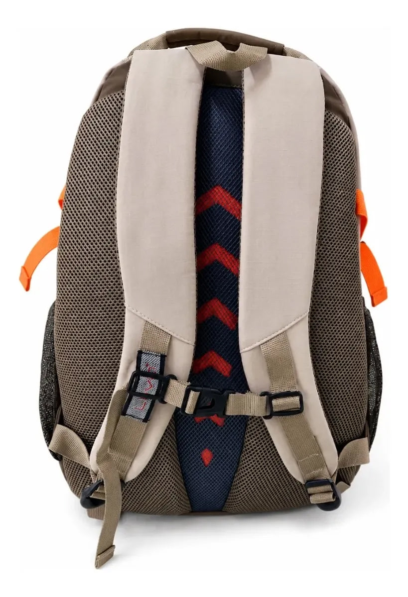 Mochila Escolar Lluvia Beige Verde Olivo Y Naranja Neón