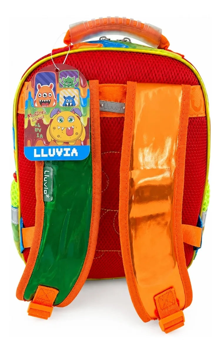 Mochila Escolar Kinder Lluvia Color Rojo Con Monstruitos 3d