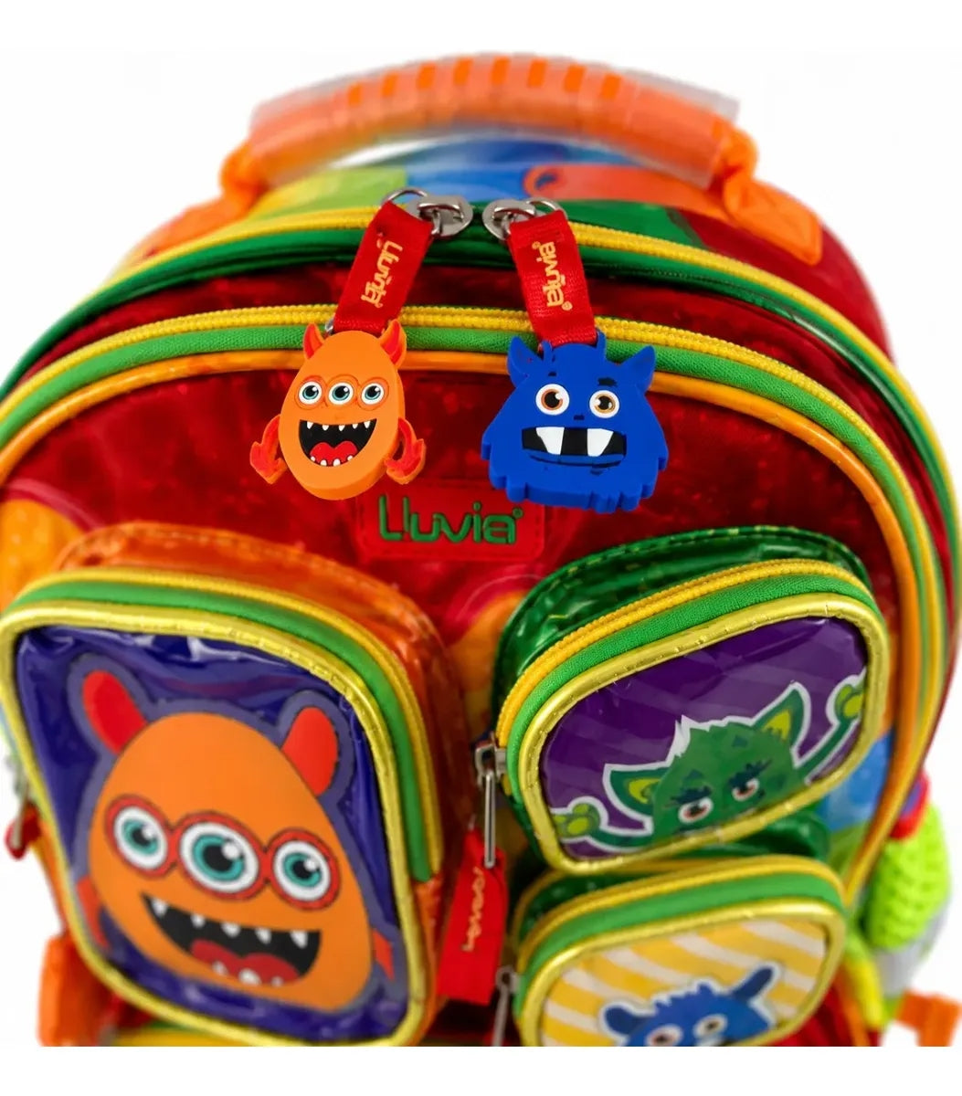 Mochila Escolar Kinder Lluvia Color Rojo Con Monstruitos 3d