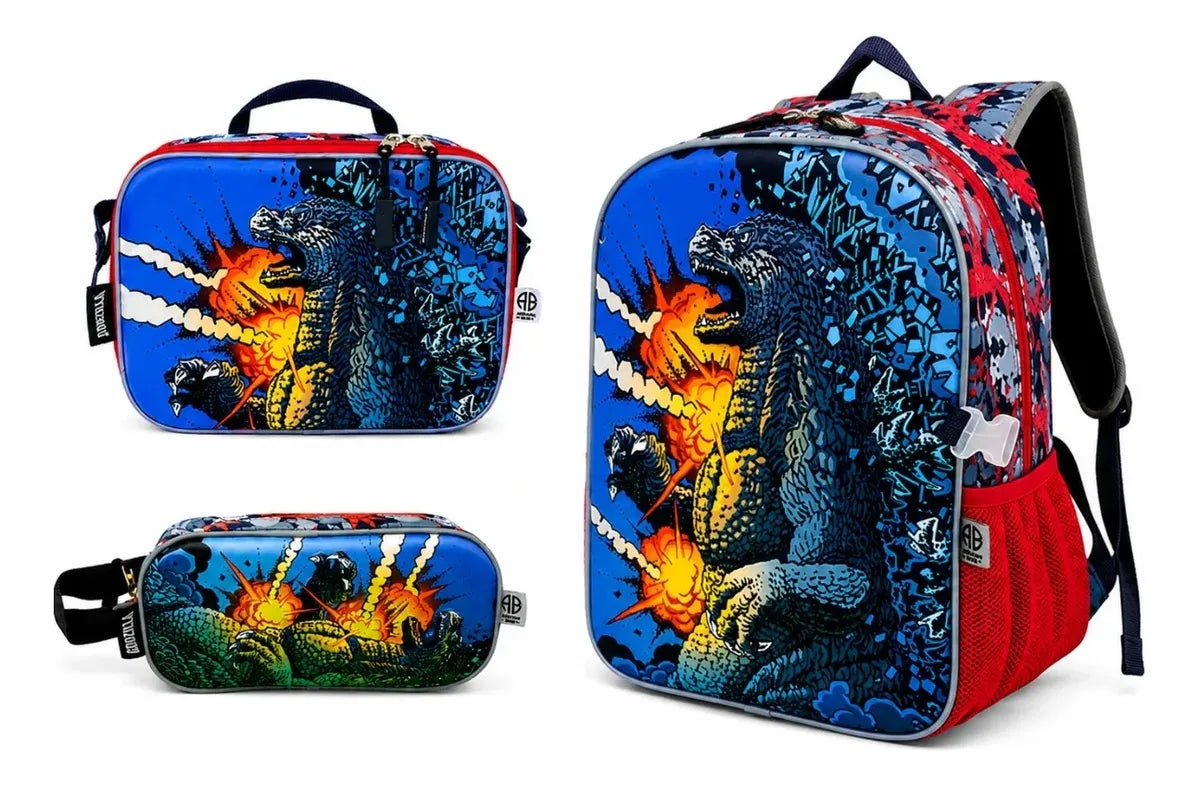 Set Tres Piezas American Bags Godzilla Mochila Escolar Azul