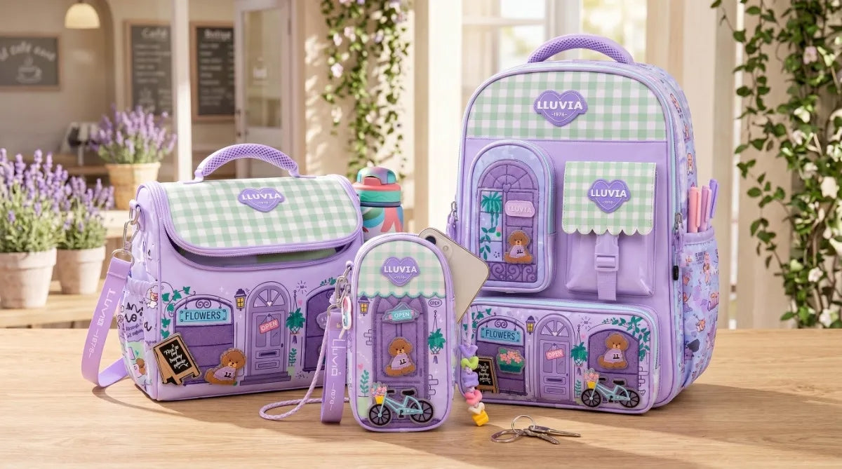 Set Escolar Tres Piezas Lluvia Diseño Boutique Floral Lila