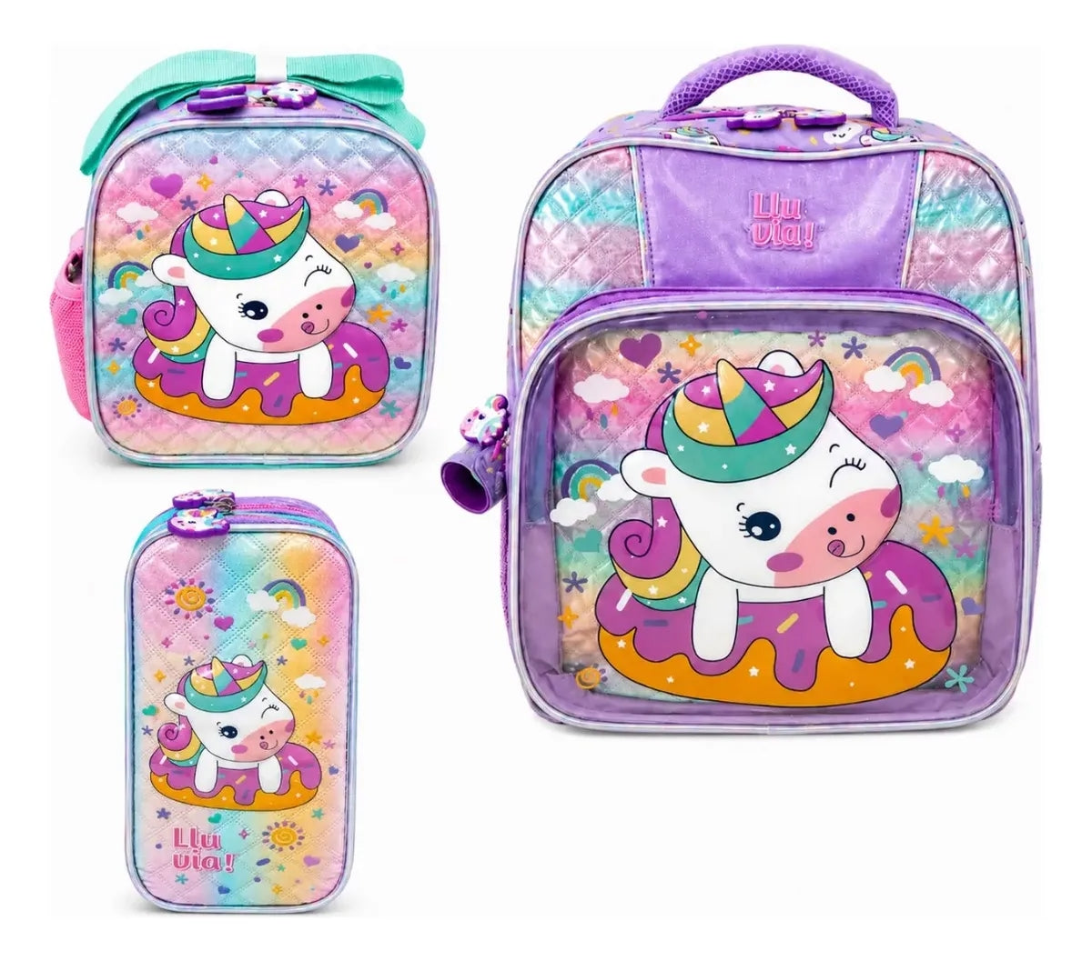 Set Tres Piezas Lluvia Unicornio Lila Con Lonchera Lapicera