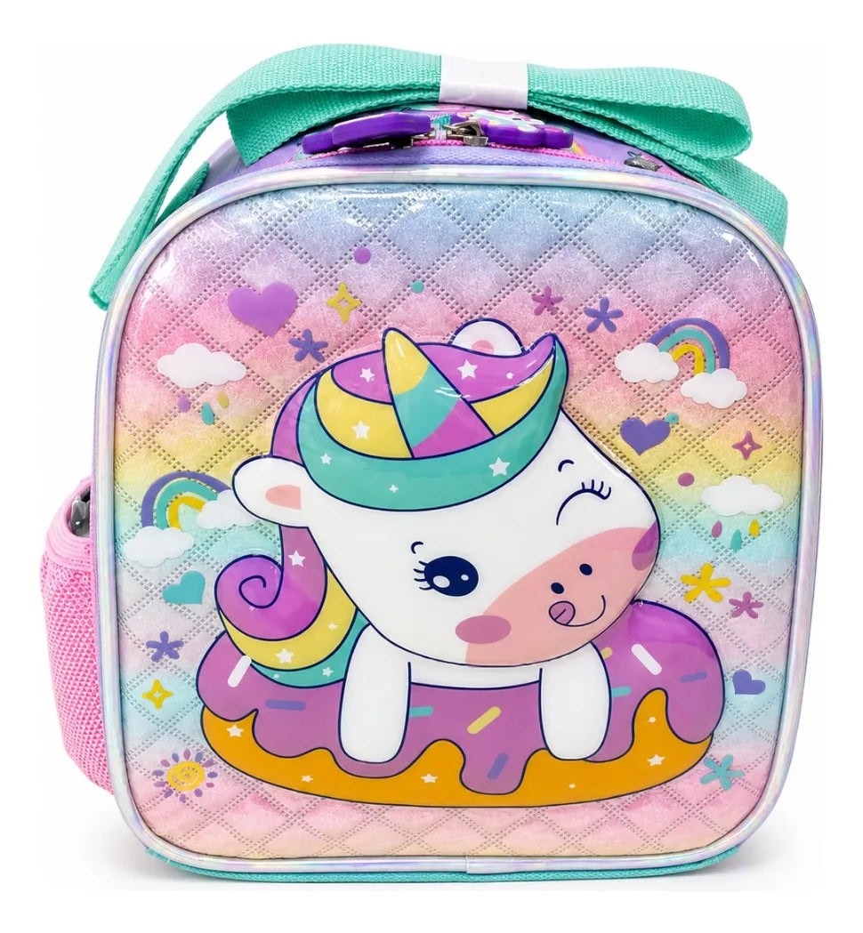 Set Tres Piezas Lluvia Unicornio Lila Con Lonchera Lapicera