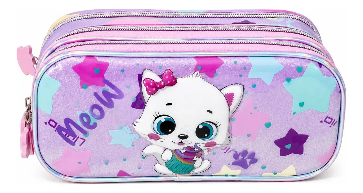 Set Tres Piezas Lluvia Gatita Meow Lila Rosa Con Luz Led