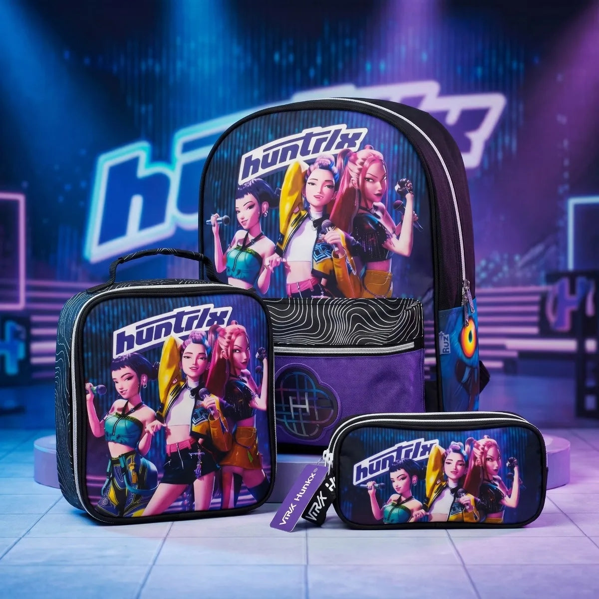 Set Escolar Primaria Ruz Huntrix Negro Morado Tres Piezas