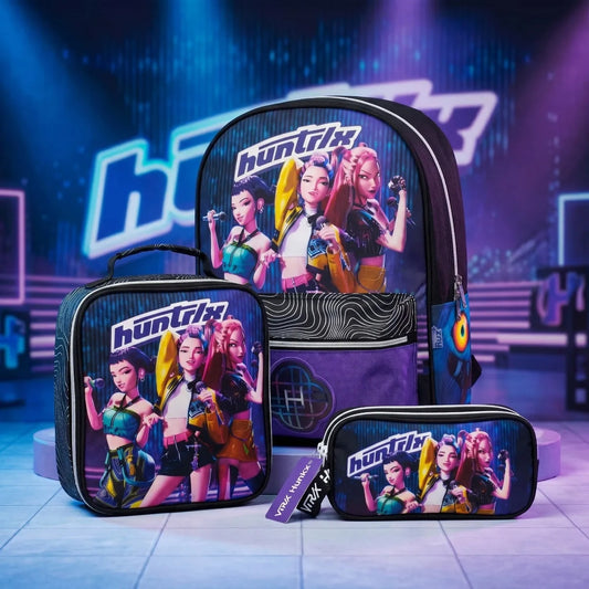 Set Escolar Primaria Ruz Huntrix Negro Morado Tres Piezas