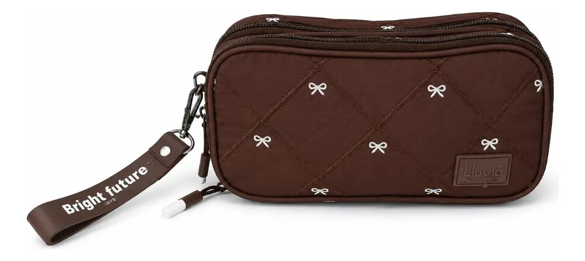 Set Escolar Lluvia Café Con Moños Mochila Lonchera Lapicera