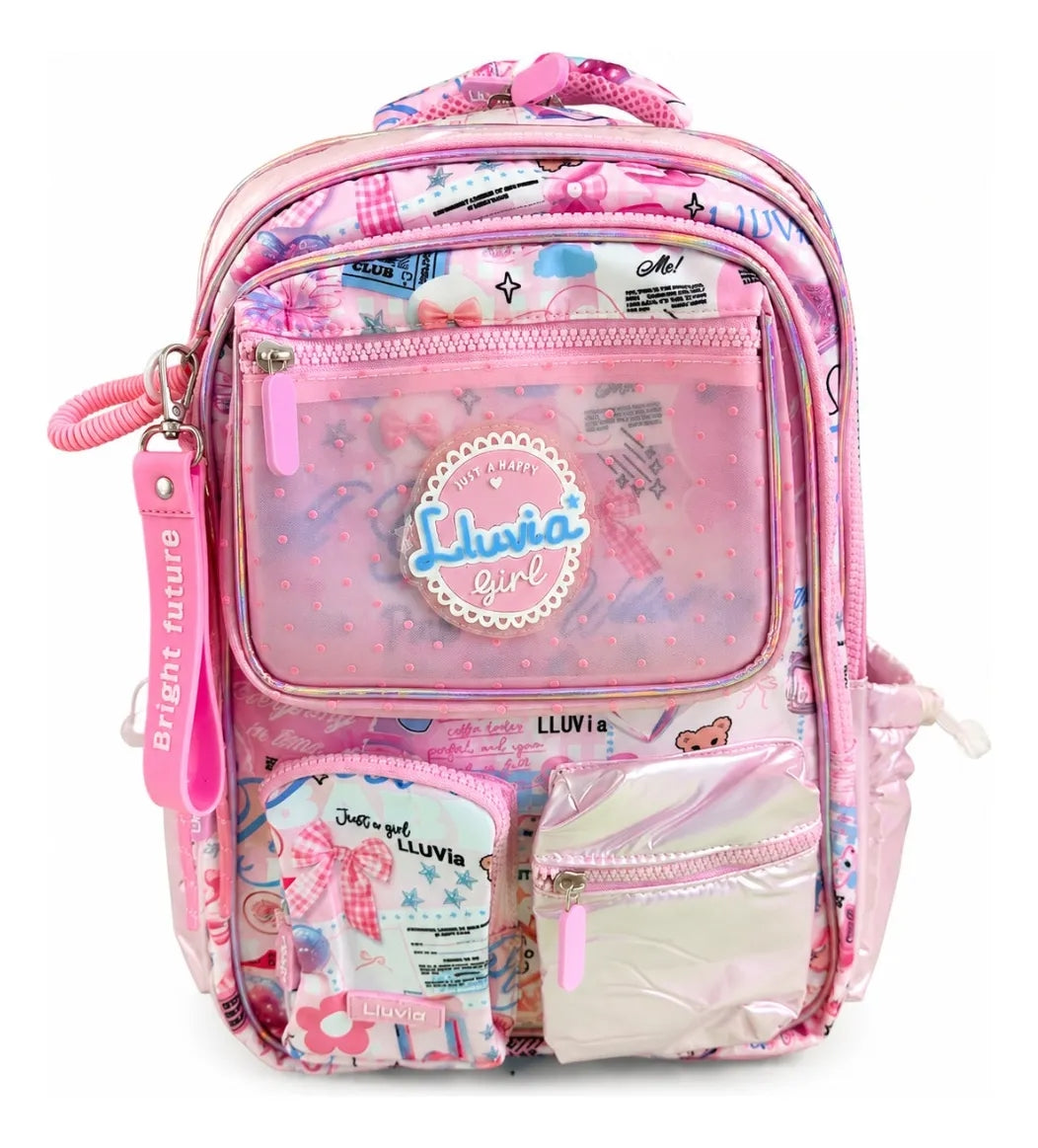 Set Mochila Lluvia Girl Rosa Satinada Con Bolsillo Antirrobo