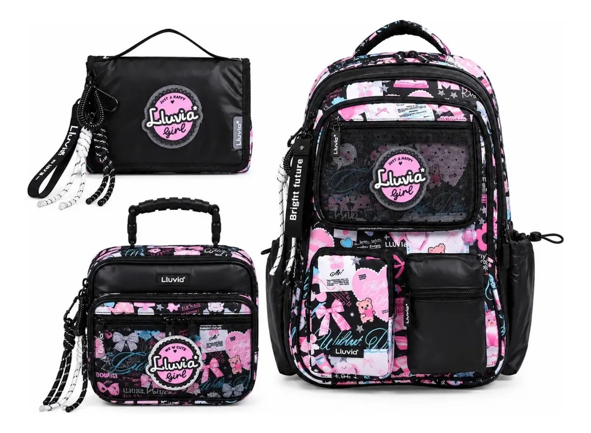 Set Mochila Tres Piezas Lluvia Girl Con Bolsillo Antirrobo