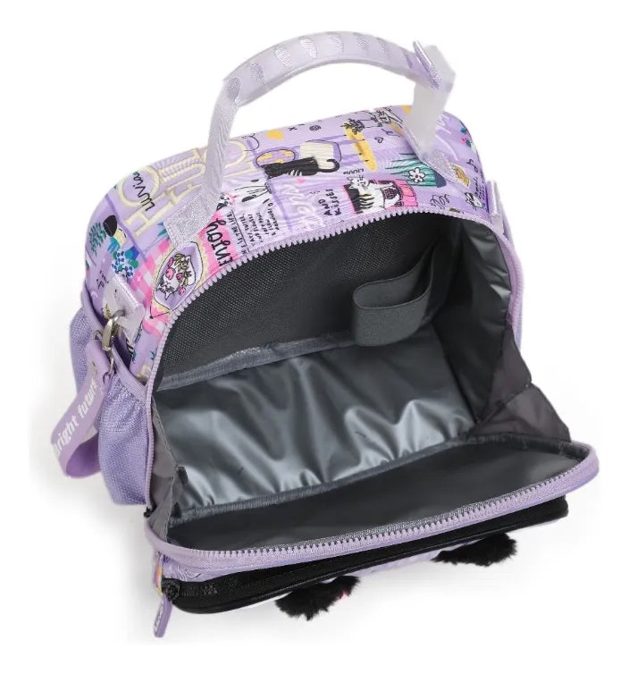 Set Mochila Tres Piezas Lluvia Gatita Dreaming Life Lila