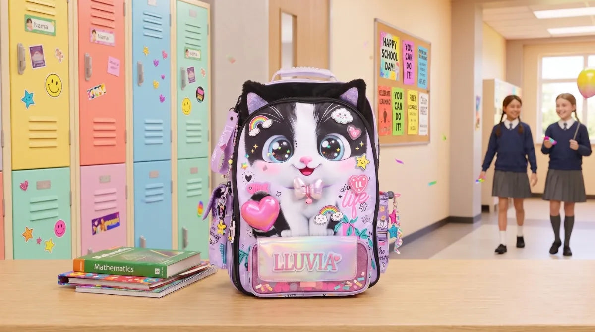 Mochila Lluvia Gatito Ojos Grandes Lila Gran Capacidad