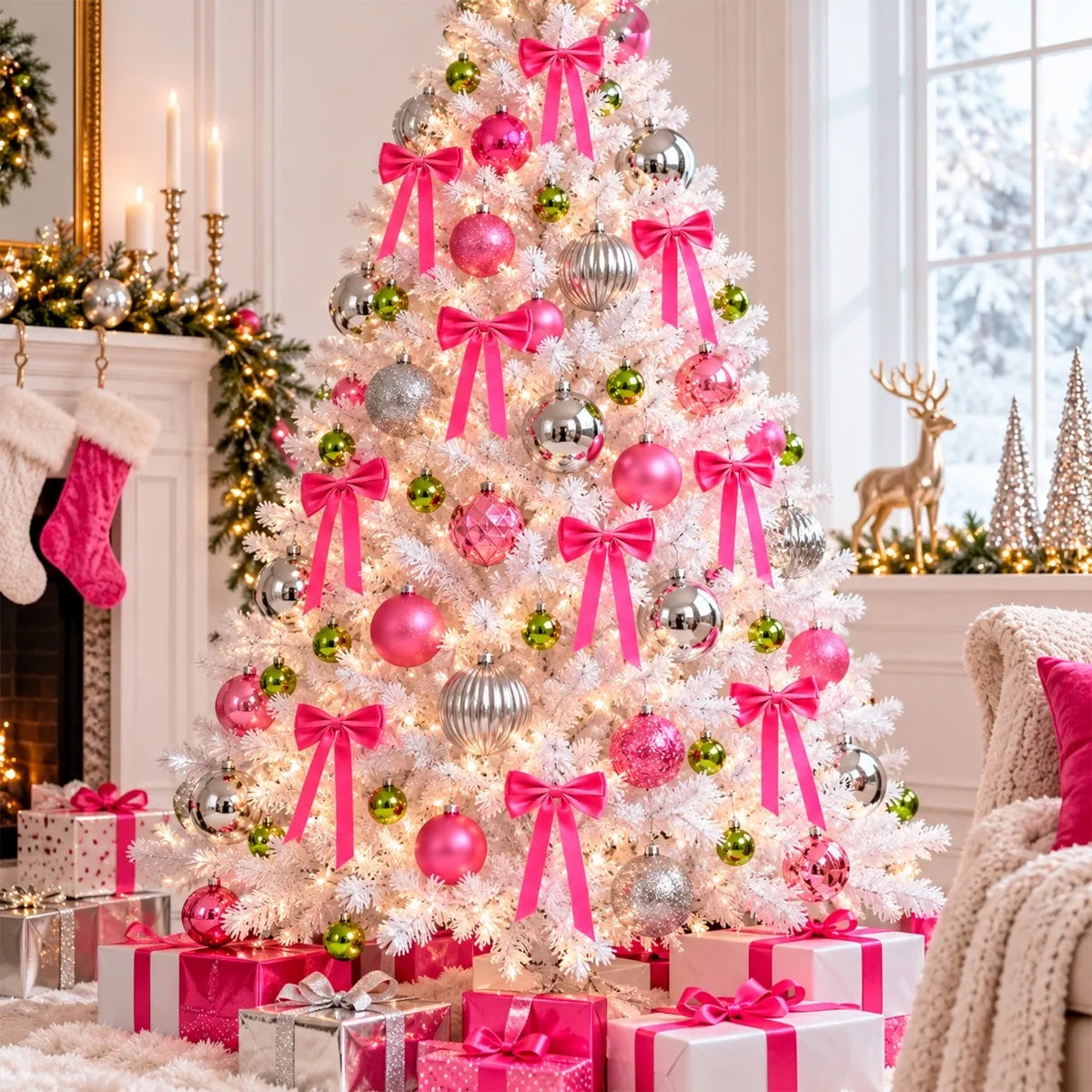 Moño Navideño Lluvia Rosa Con Listones Largos 63 Cm