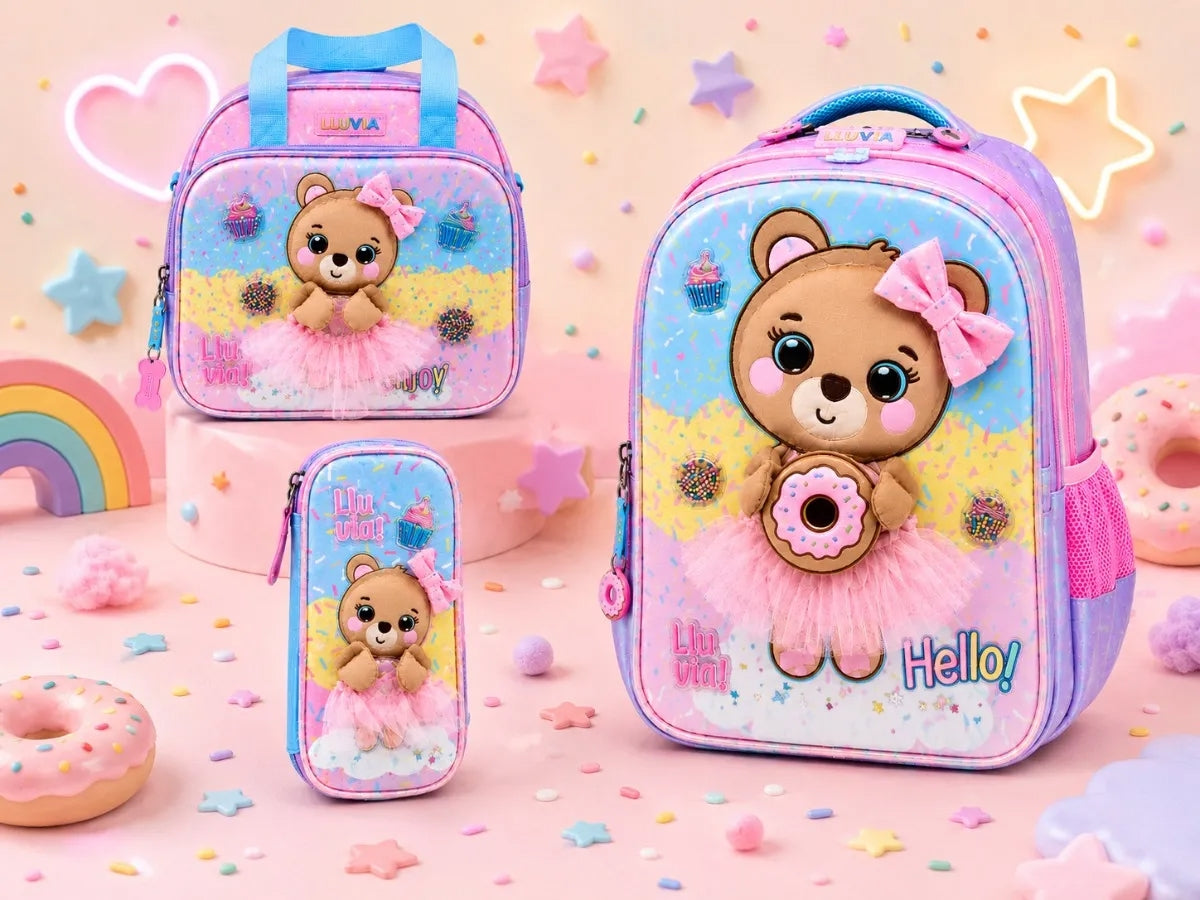 Set Mochila Primaria Lluvia Osita Pastel Tres Piezas