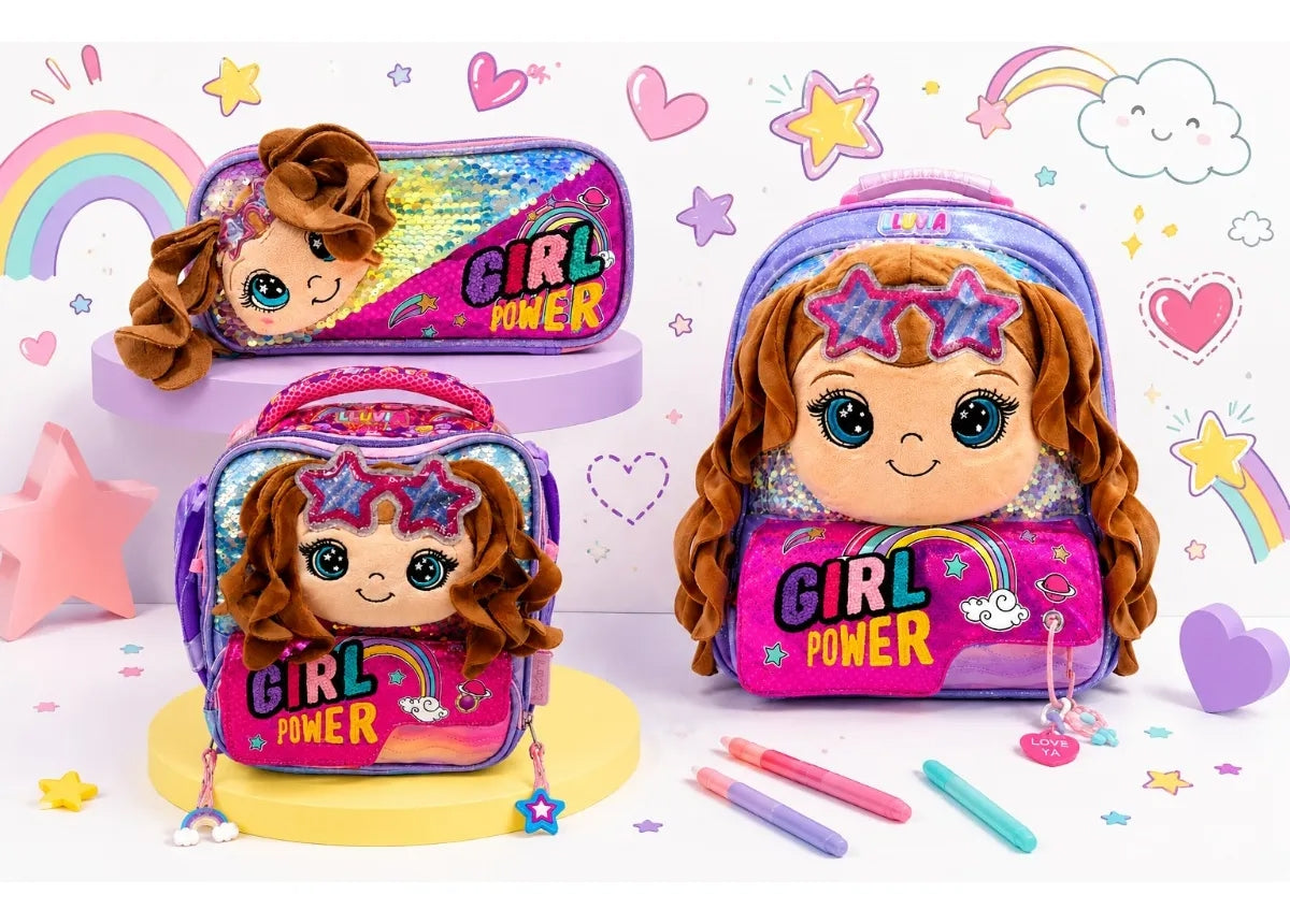 Set Escolar Lluvia Tres Piezas Con Muñeca 3d Y Lentejuela