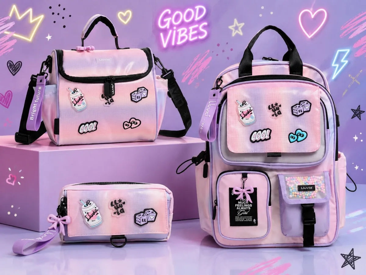 Set De Mochila Lluvia 3 Piezas Con Lonchera Y Lapicera Lila
