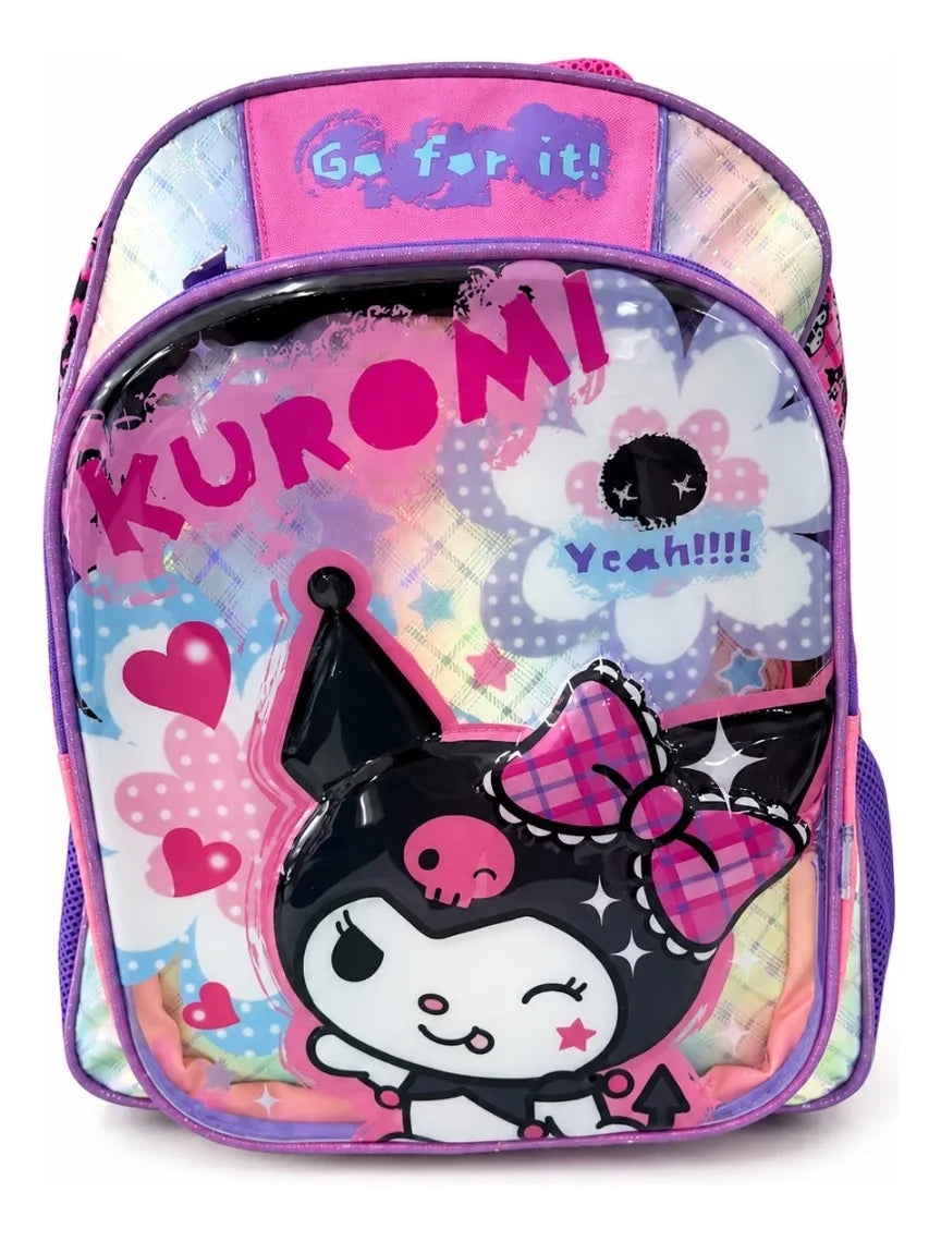 Mochila Escolar Kuromi Ruz Negra Rosa Con Bolsas Laterales