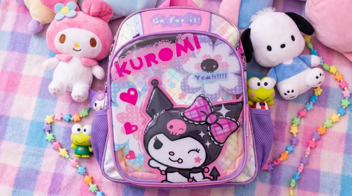 Mochila Escolar Kuromi Ruz Negra Rosa Con Bolsas Laterales
