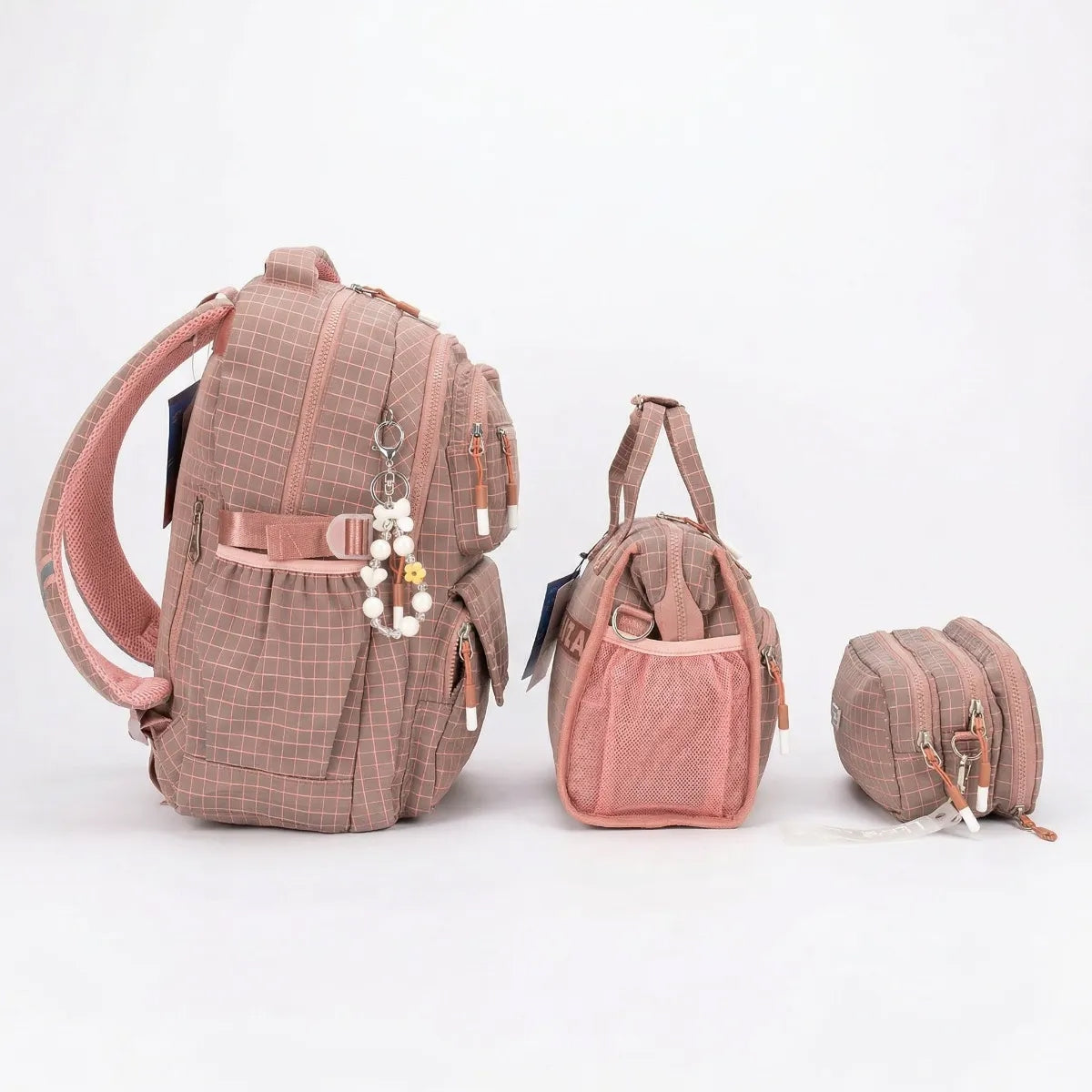 Set 3 Piezas Lluvia Rosa Cuadros Mochila Lonchera Lapicera
