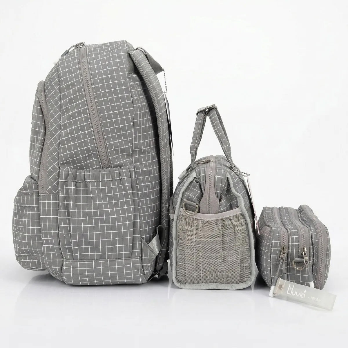 Set 3 Piezas Lluvia Gris Cuadros Mochila Lonchera Lapicera