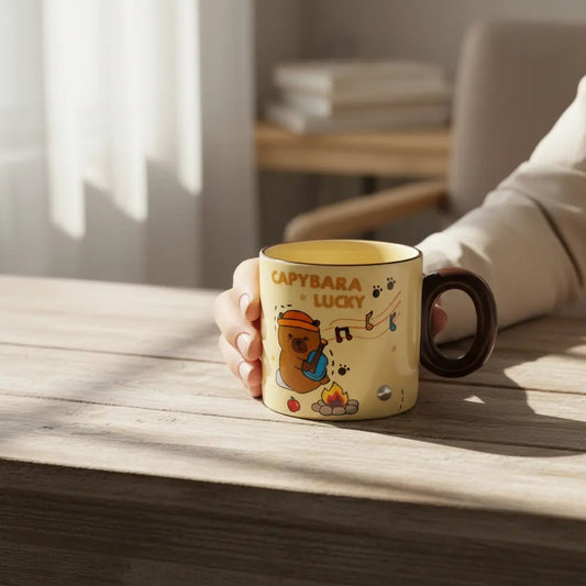 Taza Capibara Lluvia Con Tapa Y Figura Decorativa 360 Ml