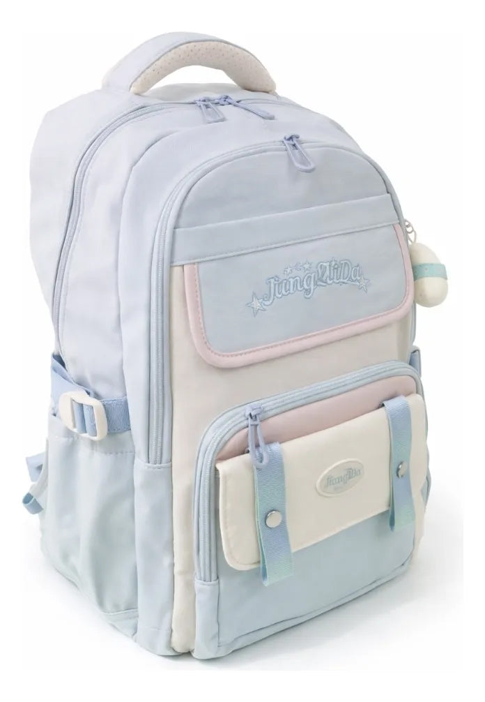 Mochila Juvenil Lluvia Azul Pastel Con Detalles Rosa Y Amarillo