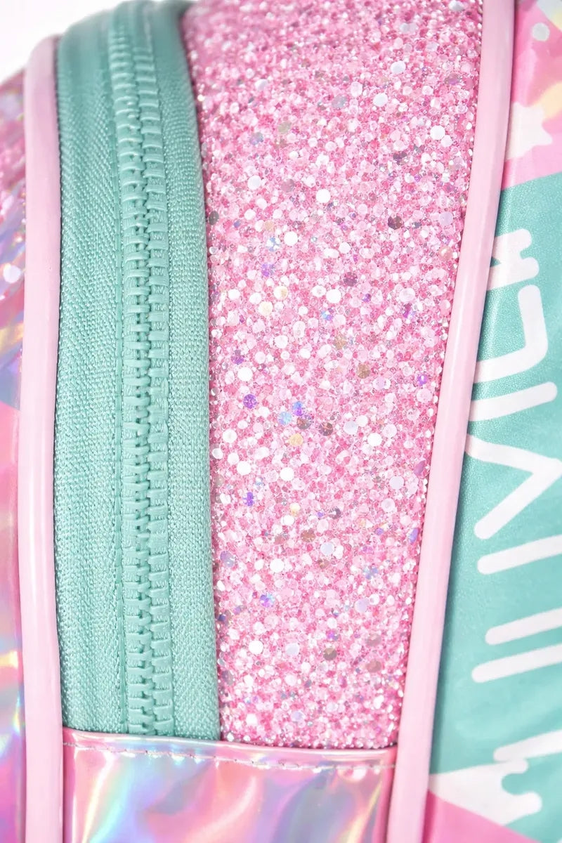 Mochila Escolar Lluvia Rosa Tornasol Con Compartimento Y Bolsillo Botella Liso