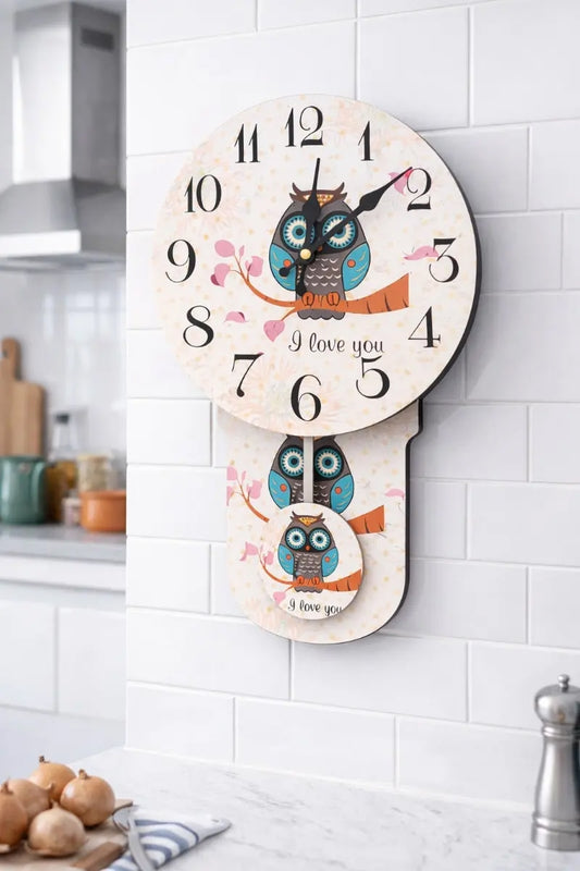Reloj De Pared Lluvia Búhos Madera 35x3x23 Dos Colores