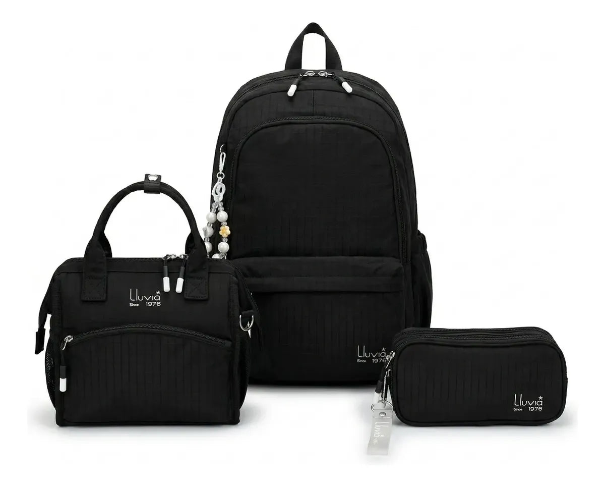 Set 3 Piezas Lluvia Negro Plata Mochila Lonchera Lapicera